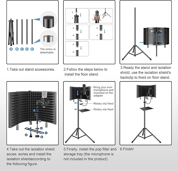Professional Studio Recording Microphone Isolation Shield, Pop Filter,High density absorbent foam is used to filter vocal. Suitable for Blue Yeti and other condenser microphones (AO-504 With Stand)