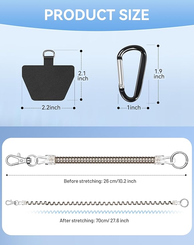 Phone Tether Lanyard, SHANSHUI Strong Spring Rope Climbing Hook, 4x Phone Tether Tabs Free Your Hand Anti Theft Phone Strap for All Smartphones for Outdoor Cycling Climbing Skiing Hiking - 2PCS Sliver