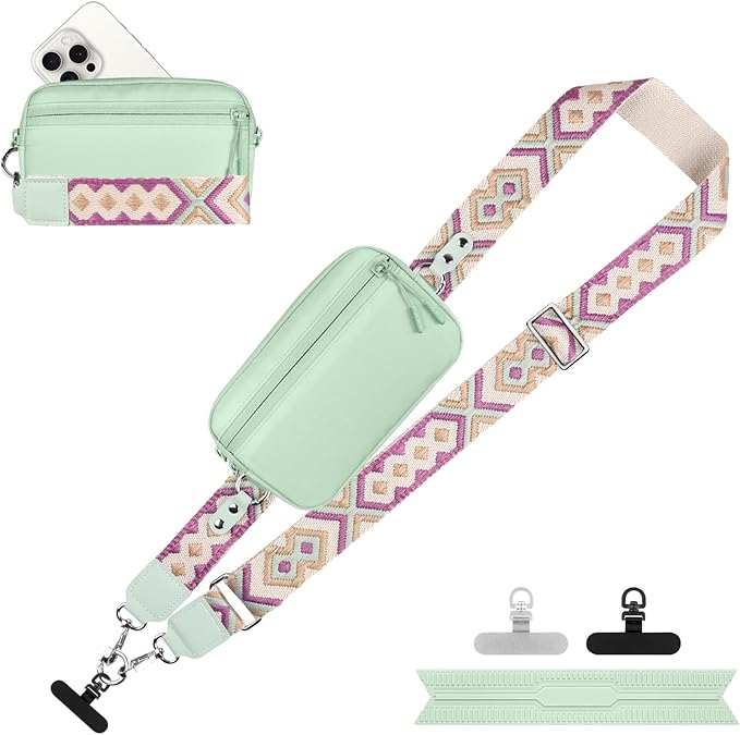 Clip and Go Strap for Phone with Wallet Crossbody, Adjustable Phone Lanyard with Detachable RFID Wristlet Wallet, Pattern Strap - Green (L)