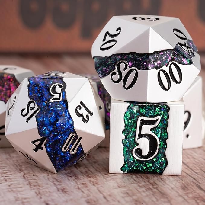 Polyhedral Metal Dice Set,7pcs Set Glitter Stripe DND Dice with Gift Box for RPG