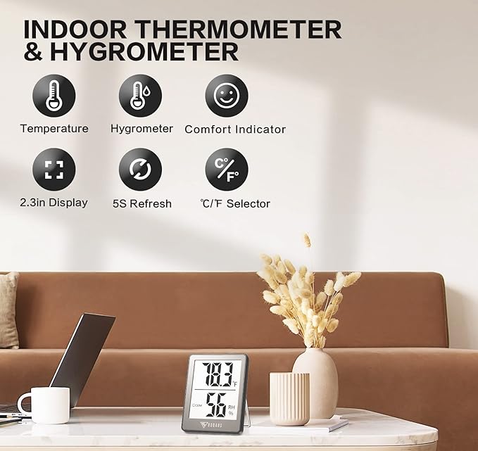DOQAUS Indoor Thermometer [3 Packs], Mini Digital Hygrometer Room Thermometer, Humidity Meters, Accurate Temperature Humidity Monitor Gauge for House, Office, Greenhouse, Home Grey (2.3X1.8inch)
