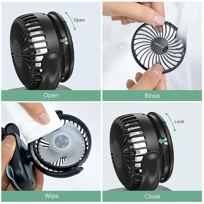 Momcozy Portable Fan with Clip | 4-Speed Mini-Fan for Carrier | Personal Fans Ultra Lighter 0.26lb | Gaps ≤4.5mm | Handheld Cooling | Rechargeable Rotate for Diaper Backpack/Stroller/Carrier/Chair
