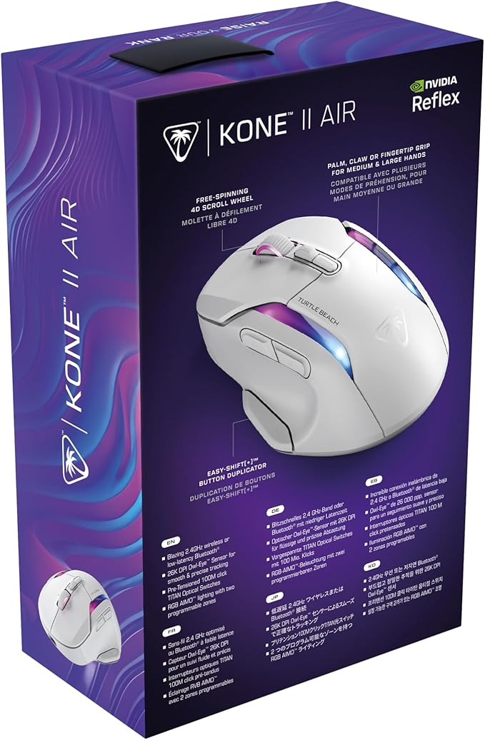Turtle Beach Kone II Air – Wireless Ergonomic RGB Gaming Mouse, 350-Hr Battery, 26K DPI Optical Sensor, 100M Click Optical Switches, 21 Customizable Inputs, 4D Free-Spin Scroll Wheel – Arctic White