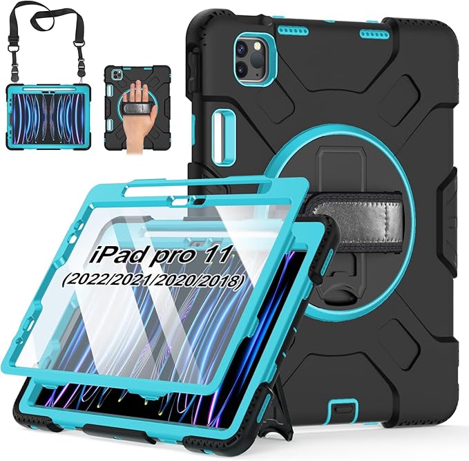 Case for iPad Pro 11 Inch 2022/2021/ 2020/2018: Silicone Cover for iPad 11 Inch 4th/ 3rd/ 2nd/ 1st/ Generation with Screen Protector- Stand- Handle- Shoulder Strap- Pencil Holder- Mint Green