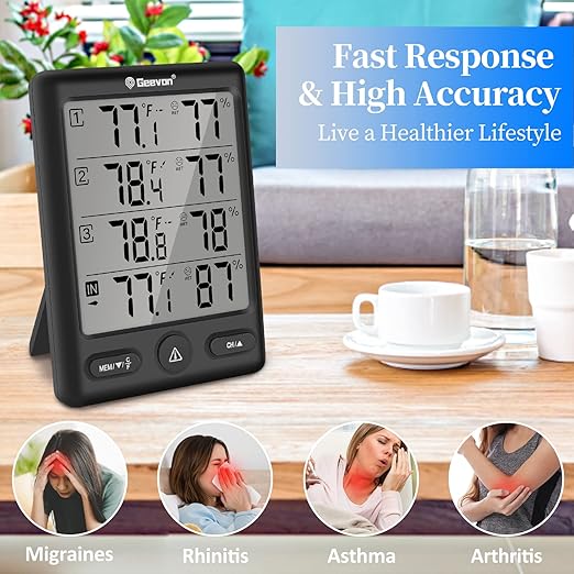 Geevon Indoor Outdoor Thermometer Wireless with 3 Remote Sensors, Digital Hygrometer Thermometer, Wireless Temperature Humidity Monitor Gauge with 200FT/60M Range (Black)