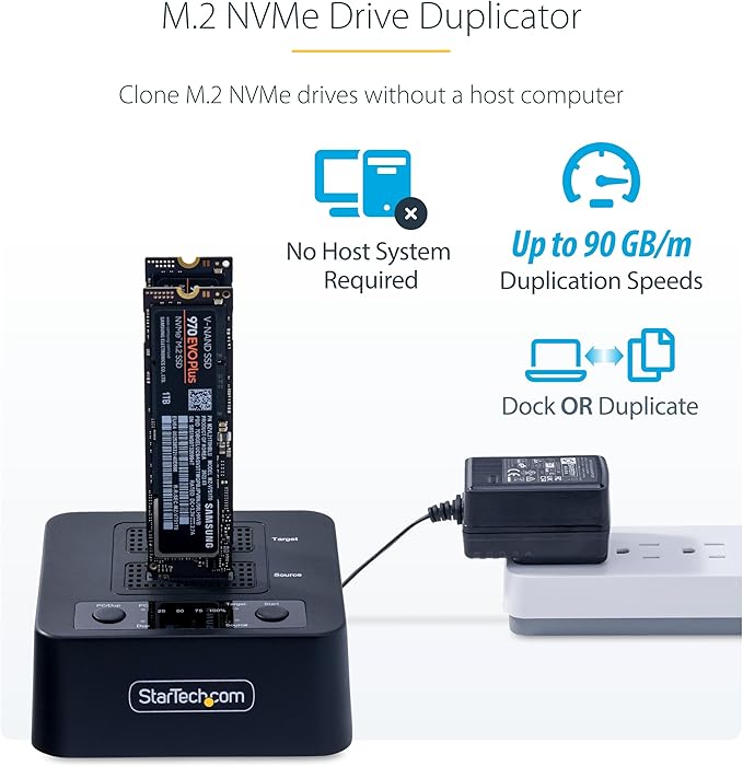 StarTech.com 1:1 M.2 NVMe Drive Duplicator, 90GBpm Standalone M.2 SSD Cloner/Copier, USB-C 3.2 20Gbps M.2 Dual-Bay Drive Dock