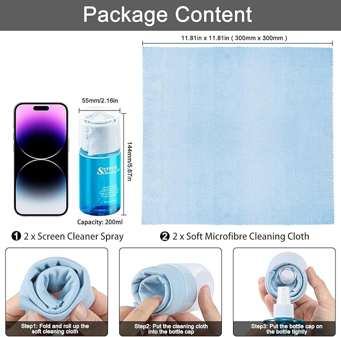 walrfid 2 Pcs Car Screen Cleaner Spray and Wipe, TV Computer Laptop Touchscreen Mist Cleaning Kit Wipe for CD Disc, Electronic Cell Phone iPad iPhone MacBook Pro Tablet Monitor LCD LED Flat Screens
