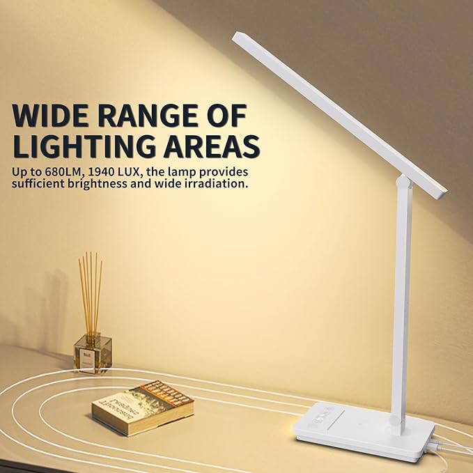 10 in 1 Smart Desk Lamp Led, Desk Light for Colleage Drom Room Office, Eye-Caring Table Lamp with Night Light, Lamp for Desk with 10W Wireless Charger, Dimmable Touch Lamp, Birthday Gifts for Women