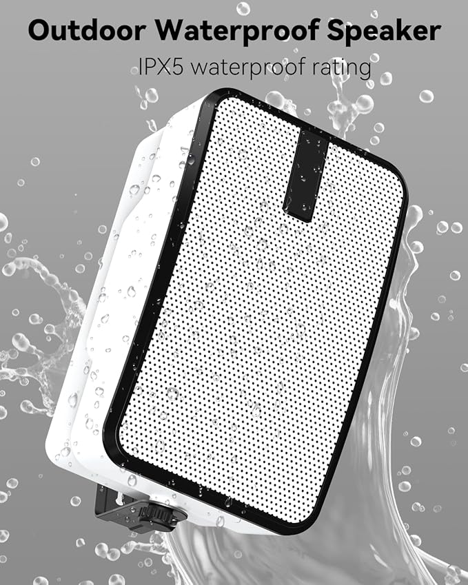 400W Outdoor Bluetooth Speakers, Wireless Sync Between Speakers, IPX5 Waterproof, Powerful Bass, Wall Mount for Patio, Porch, Gazebo, Garage, 2-Pack, White(MZ-621)