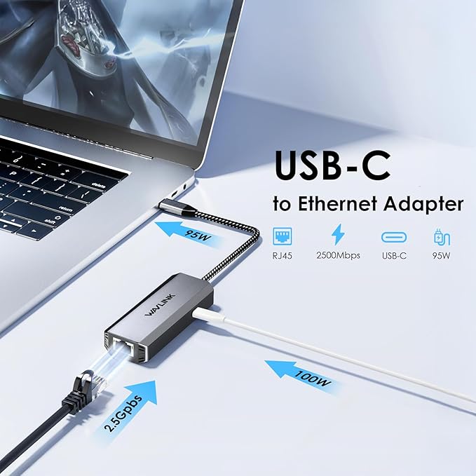 WAVLINK USB C to Ethernet Adapter 2.5 Gbps, USB to 2.5G Ethernet Adapter with 95W Power for Laptop, USB-C to RJ45 Network Converter (Thunderbolt 4/3 Compatible) for Windows, Mac OS, iPad OS and More