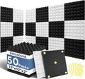 Focusound Black White Acoustic Panels 50 Pack 2"x12"x12" with 300 PCS Double-Side Adhesive - Sound Proof Pyramid Foam for Walls, Home Studio Noise Absorption & Echo Control Kit