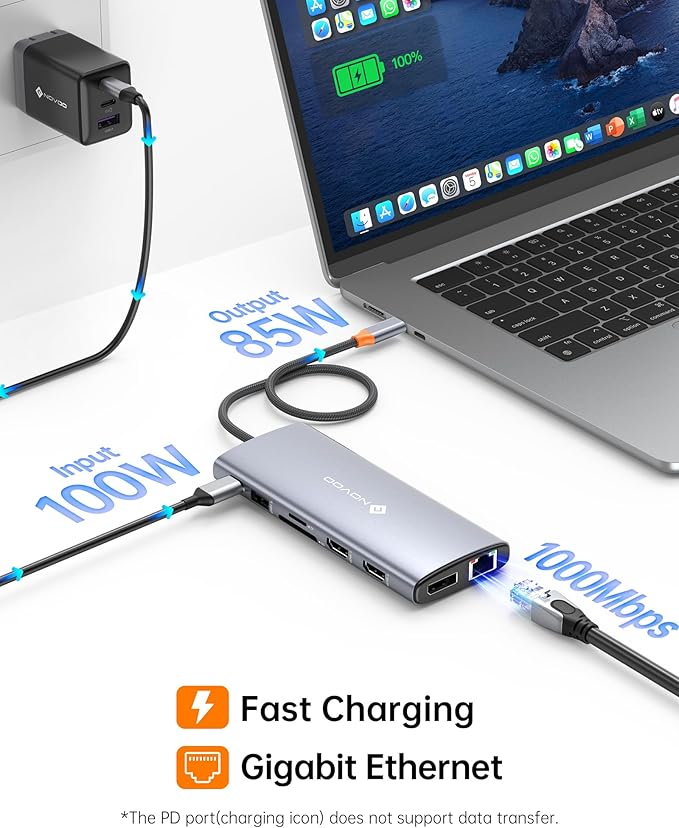 NOVOO USB C Docking Station Dual Monitor for Laptop, 14 in 1 Hub Adapter Thunderbolt 3 to Dual 4K60 HDMI+8K30 DP USB C/A Data 100W PD RJ45 SD/TF