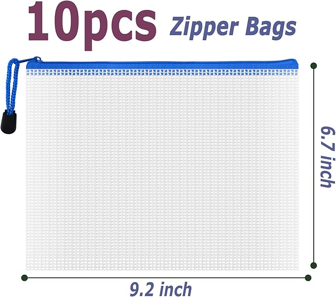 AUSTARK 10 Pcs Zipper File Bags, Waterproof Plastic Mesh Pouch for Office School, Board Game Storage Bags (A5 Size 9.2''x6.7'', White and Blue)