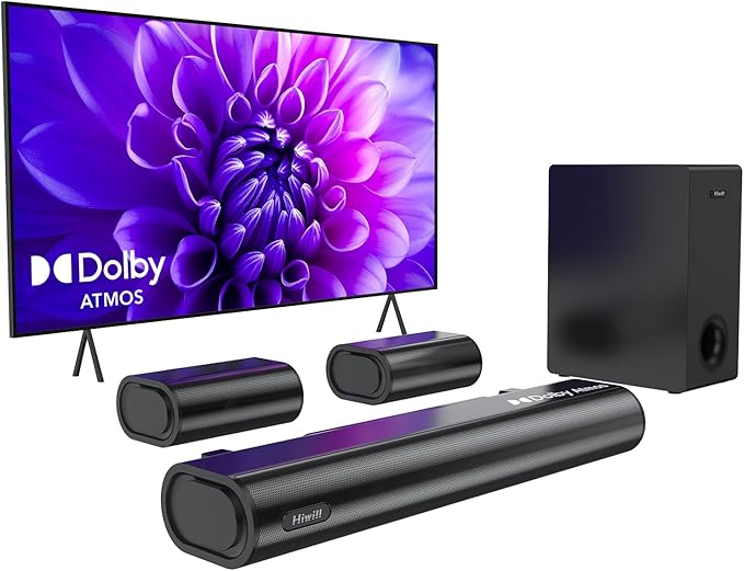 Hiwill 5.1ch Dolby Atmos Soundbar with 5.25'' Subwoofer, Clear Voice, Surround Sound System w/2 Wired Rear Speakers, 380W Peak Power Bluetooth PC Sound Bar for TV, eARC/ARC/Opt, 2025