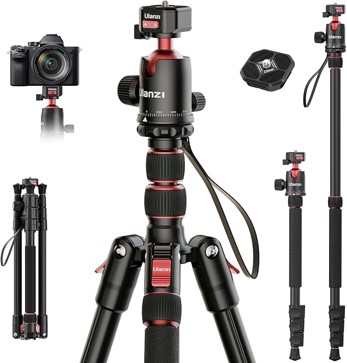 ULANZI TT31 72.4" Camera Tripod, Foldable Tripod & Monopod Aluminum w Claw Quick-Release Plate, 360°Ball Head Detachable w 180°Revertible Legs, Weight 3.42lb, Payload 33lb,for Camera/DSLR/Camcorder