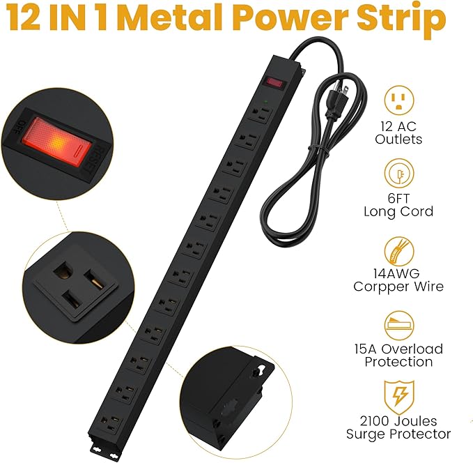 12 Outlet Long Power Strip Surge Protector with 2100 Joules, 6FT Power Cord, Wide Spaced Outlet Power Bar, Overload Protection Switch, Industrial Heavy Duty for Work Bench, Shop, Garage (Black)…