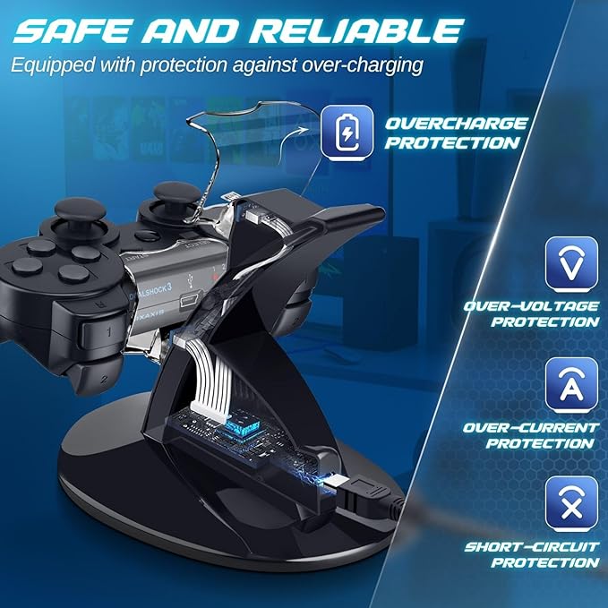 TNP Compatible with PS3 Controller Charger Stand for Sony Playstation 3 Controller compatible with Dualshock 3 Charging, 2 Tier Docking Station Stand and 2 USB PS3 Cable ports with LED Indicators