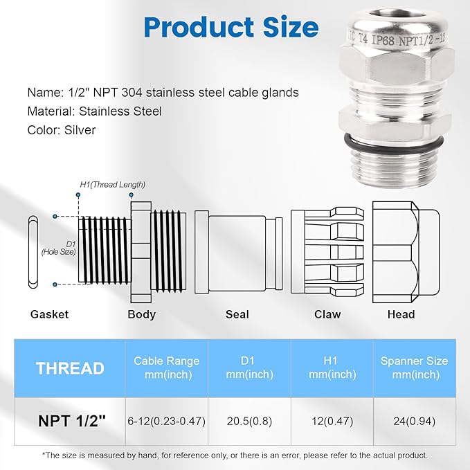 2 Pcs 1/2" NPT Stainless Steel Waterproof Cable Gland, IP68 Waterproof Adjustable Cable Glands, Strain Relief Cord Grip Connectors with Gaskets and Locknut for 6-12mm Cable Diameter