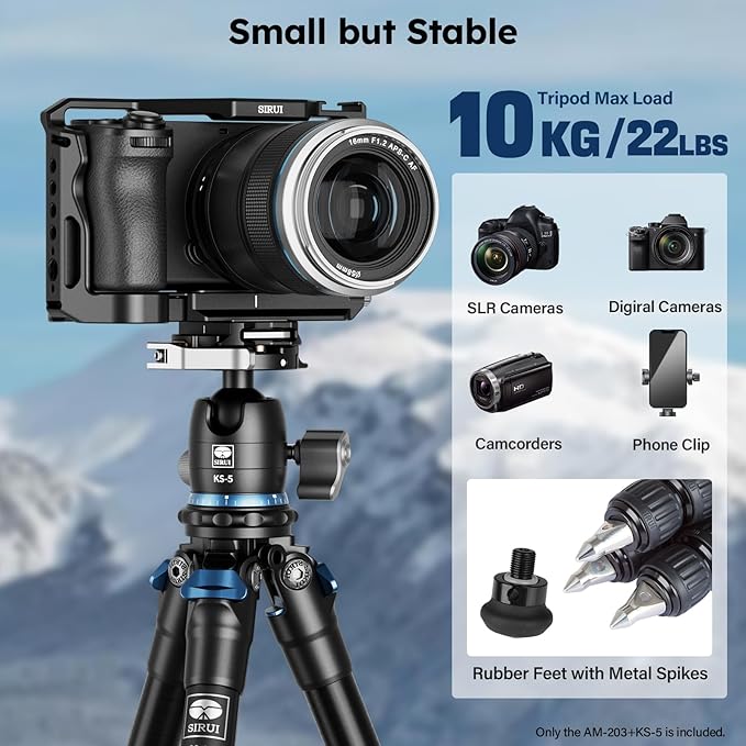 SIRUI Mini Tripod with 360° Panoramic Ball Head, Tabletop Travel Tripod for Camera, Quick Release System, Max Load 33lbs/15KG, Max Height 16.7”, AM-203+KS-5 (AM-203+KS-5)