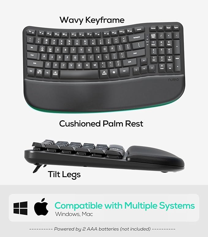 Nulea RT08 Wave Keys Wireless Ergonomic Keyboard with Cushioned Palm Rest, 2.4GHz Ergo Cordless USB Computer Keyboard, Comfortable Natural Typing, for Laptop, Mac, Windows Black