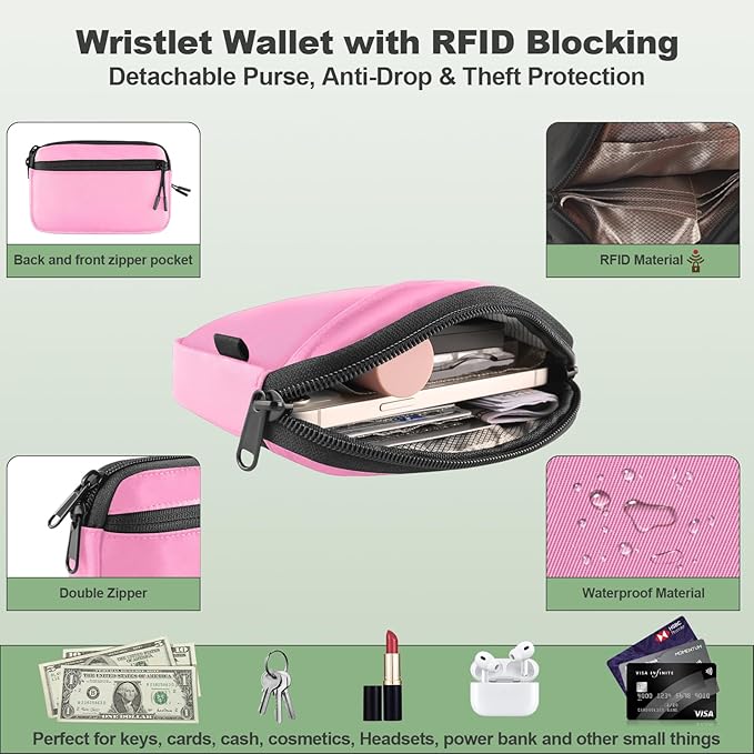 Clip and Go Strap for Phone with Wallet Crossbody, Adjustable Phone Lanyard with Detachable RFID Wristlet Wallet & Ultra-Thin 360° Rotatable Metal Tabs for All Smartphones (Pink)