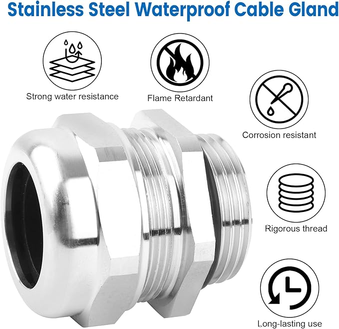 1" NPT Stainless Steel Waterproof Cable Gland, IP68 Waterproof Adjustable Cable Glands, Strain Relief Cord Grip Connectors with Gaskets and Locknut for 18-25mm Cable Diameter