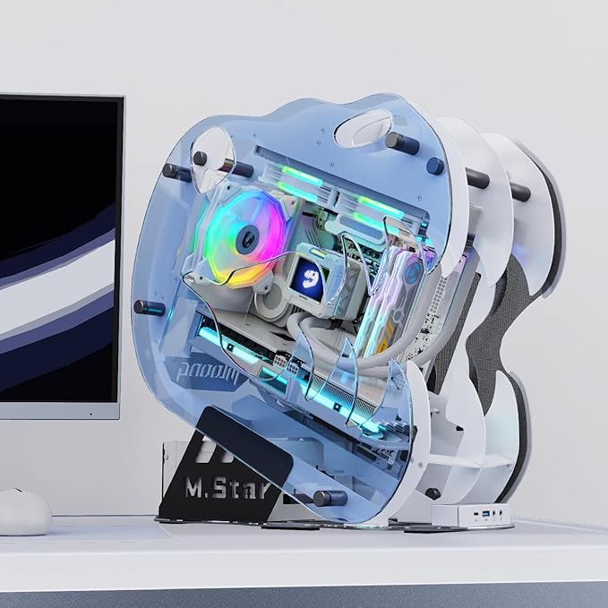 MegaPC Upgraded Open-Frame Mid-Tower Micro-ATX/Mini-ITX Gaming PC Case, Tempered Glass Side Panel, Pre-Installed ARGB PWM Fan, with USB3.0, USB-C, 240mm Radiator Support (Upgrade White)