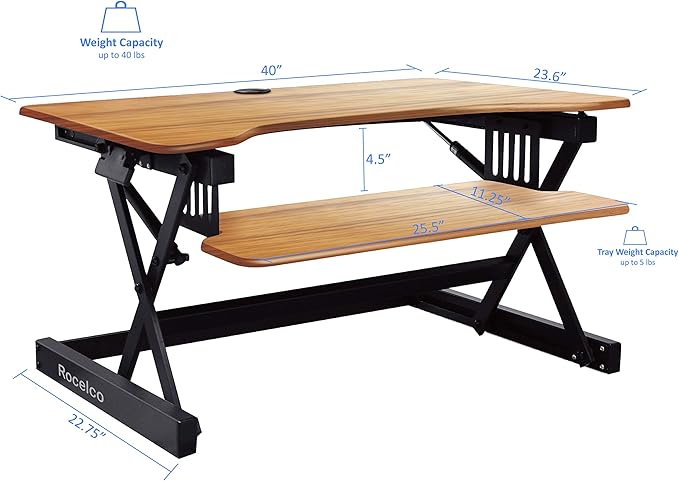 Rocelco 40" Large Height Adjustable Standing Desk BUNDLE - Quick Sit Stand Up Dual Monitor Riser - Gas Spring Assist Computer Workstation - Retractable Keyboard Tray - Teak Wood Grain (R DADRT-40-FS2)