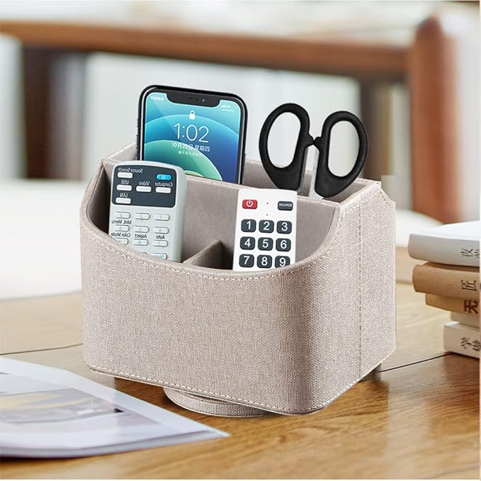 Fanousy 360° Rotating Remote Control Holder, PU Leather TV Remote Caddy Organizer Basket Storage Box with 5 Compartments for Pen, Pencil, Art Supplies, Makeup Brush, Office Desk Table Accessories