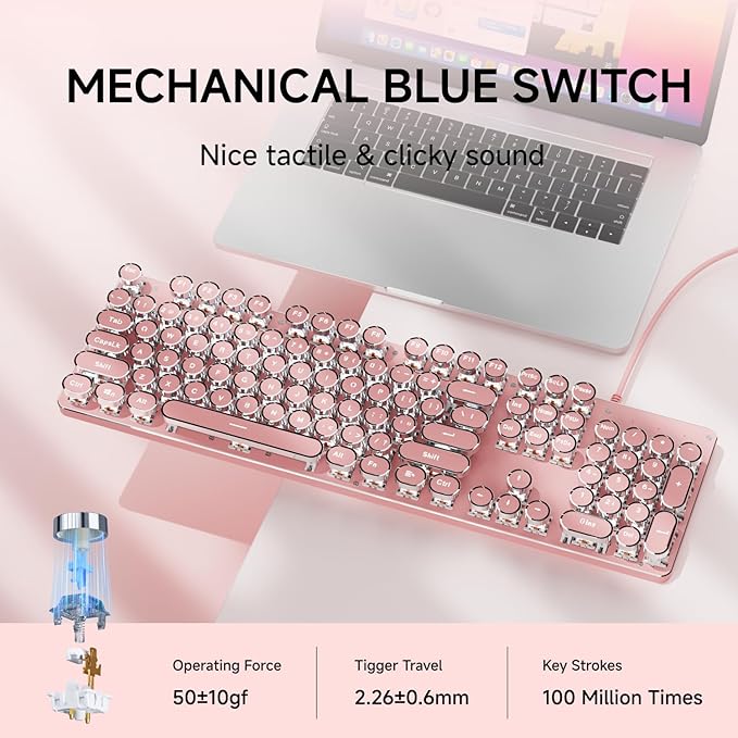 EWEADN TK100 Typewriter Keyboard Wired Mechanical Keyboard, 104 Keys Aesthetic Typewriter Keyboards with White Backlit, Anti-Ghosting, Blue Switch Wired Cute Keyboards-Pink