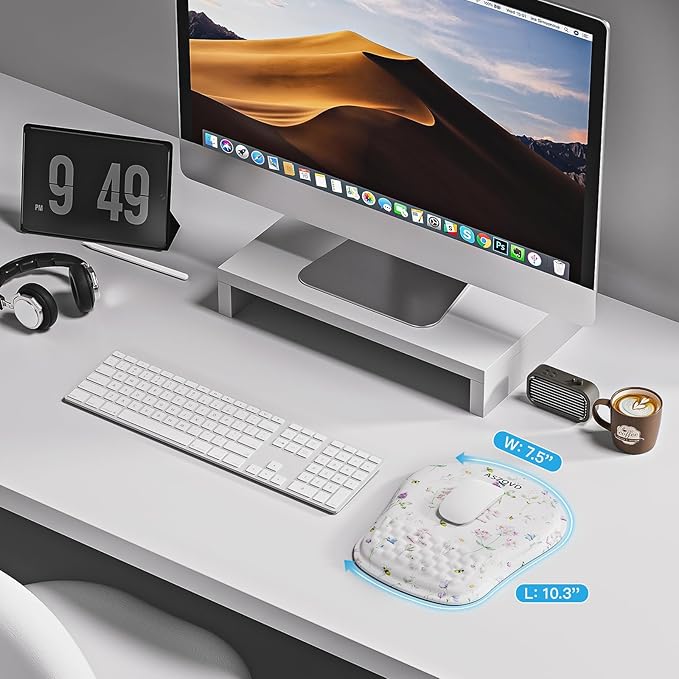 Mouse Pad with Wrist Rest, Ergonomic Mousepads with Wrist Support, Soft Lycra Fabric Memory Foam Office Desk Accessories for Comfort/Pain Relief/PC Gaming/Computer/Laptop (White Wild Plant)