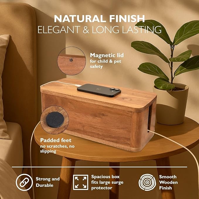 Large Cable Management Box - Acacia Wood - Cable Organizer Box and Power Strip Box for Electrical Cord Management - Hide Desk Cord and Floor Cables - Wire Storage and Organization for Cords