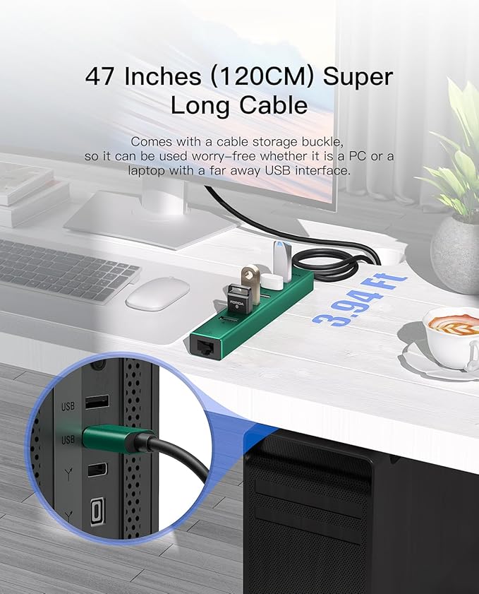 7 Ports USB 3.0 Hub, USB to Network HUB with 3.9ft Long Cable for Laptop, USB Splitter with Gigabit Ethernet Port and 5V/3A Power Port, MultiPort Aluminum Hub for iMac, PC, Flash Drives (Green)