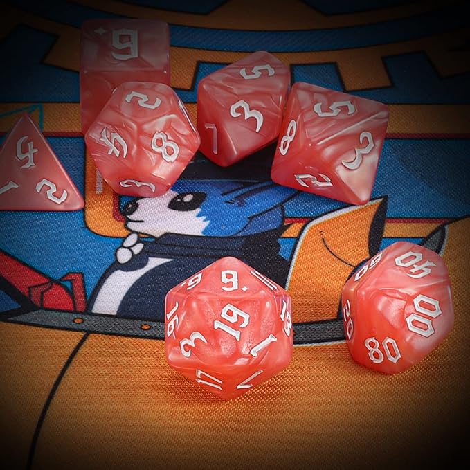 QMAY DND Dice Set -D&D Polyhedral Dice (7 Pcs) for Dungeons and Dragons (Pink and White)