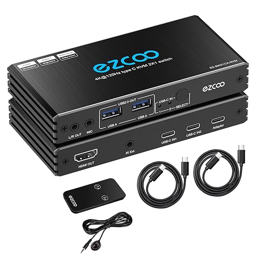 4K@120Hz USB-C HDMI2.1 KVM Switch for 2 Laptops with 2 USB 2.0 Ports L/R MIC Out Share 1 Monitors Keyboard Mouse Hard Drive Printer