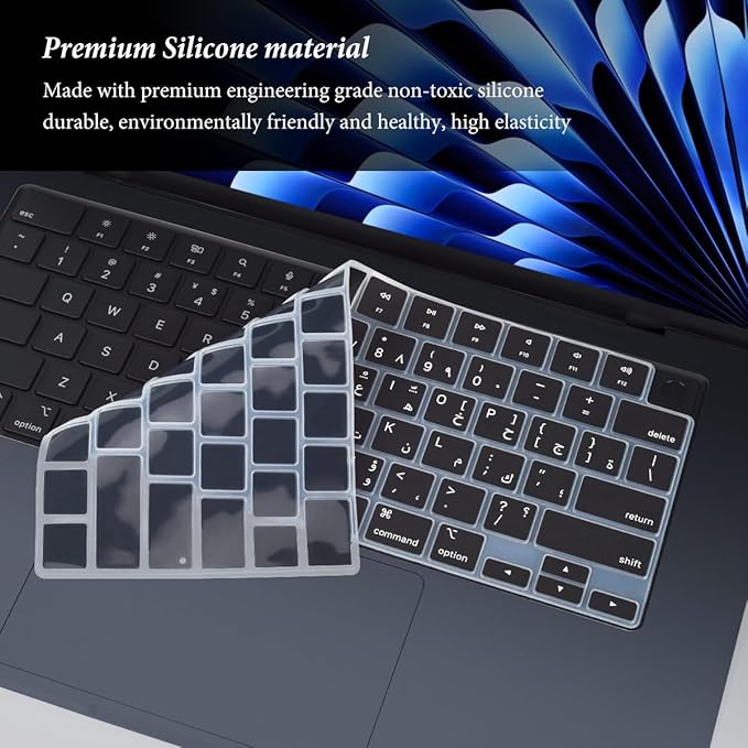 Arabic Keyboard Cover Skin Compatible with Apple 2025 2024 2023 2022 MacBook Air Laptop with M4 M3 M2 chip 15.3 inch A3241 A3114 A2941/MacBook Air 13.6 inch A2681 A3113 A3240 Keyboard Protector-Black