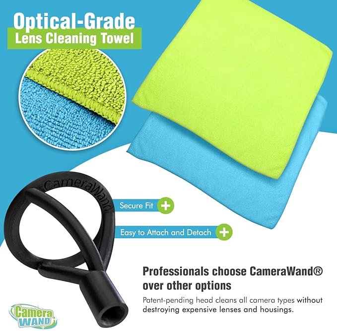 Surveillance/Security Camera Cleaning Tool - Safely from The Ground - with Cleaning Solution & Re-usable Microfiber Towels