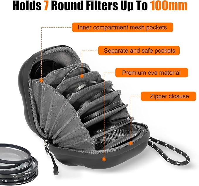Cwatcun Hard Shell Lens Filter Case, Camera Filter Case for 7 Filters Up to 100mm with Hand Strap, Dustproof & Waterproof Camera Lens Filter Storage Case for ND UV CPL Filter Pouch