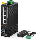 MokerLink 5 Port Industrial DIN-Rail Network Switch, 4 Gigabit Ethernet, 1 SFP, 14Gbps Switching Capacity, IP40 Rated (-40 to 185F), With UL Power Supply