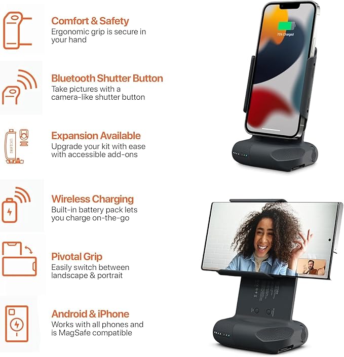 ShiftCam ProGrip Starter Kit – DSLR-Style Phone Camera Grip with Built-in Powerbank, Wireless Shutter Button and Qi Charging, Freestanding Dock & Tripod Mount – Compatible w/Android & iPhone