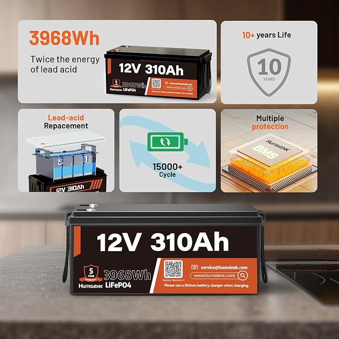 12V 310Ah LiFePO4 Lithium Battery 2PCS– Max. 3968Wh, 15000+ Deep Cycle Battery with 100A BMS, Low-Temp Cutoff | A+ Grade Cells for Marine, Trolling Motor, Off-Grid Home Energy Storage, Van Life