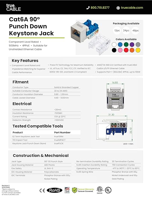 trueCABLE Cat6A Keystone Jack, Unshielded (UTP), 90 Degree Punch-Down, PoE++ (4PPoE), UL Listed, ETL Verified, ANSI/TIA Certified, Modular RJ45 Female, Yellow, 12 Pack