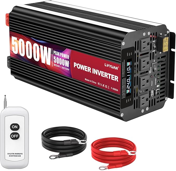 LVYUAN 5000 Watt Power Inverter 24V to 110V 120V for Vehicle, Solar Inverter System, Heavy Duty, RV, Truck, Off Grid,Camping with 4 AC Outlets, LCD Display, Wireless Remote Control, Car Power Inverter