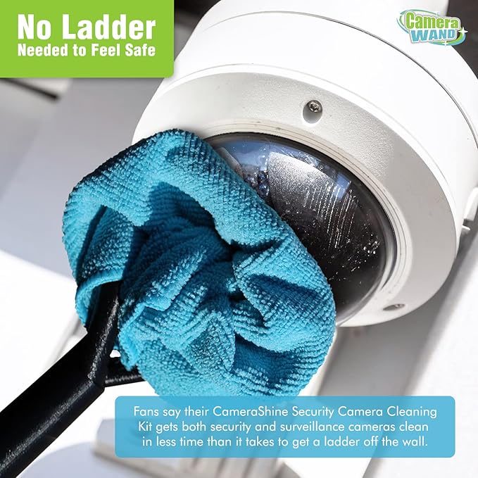 Surveillance/Security Camera Cleaning Tool - Safely from The Ground - with Cleaning Solution & Re-usable Microfiber Towels