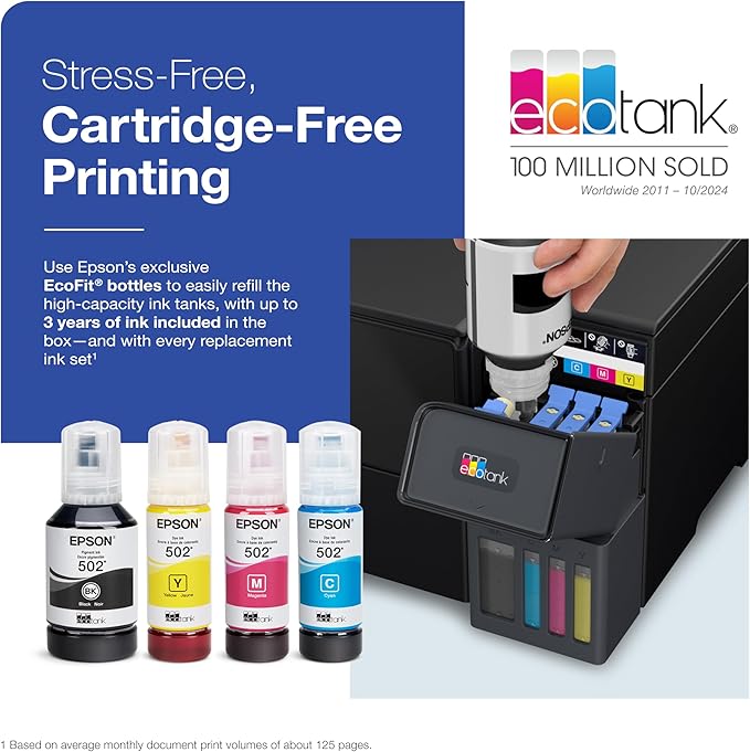 Epson EcoTank ET-2980 Wireless All-in-One Color Supertank Printer with up to 3 Years of Ink, Refillable Tanks, Perfect for Home, 15 PPM, 1.44" Color Screen, Auto 2-Sided Printing - Black