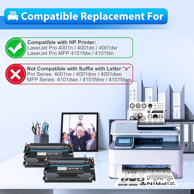 ZIPRINT 148X Black High Yield Toner Cartridge (with Chip) Compatible Replacement for HP 148X 148A W1480X W1480A for Laserjet Pro MFP 4101fdw 4101fdn 4001dw 4001dn 4001n (2 Pack)