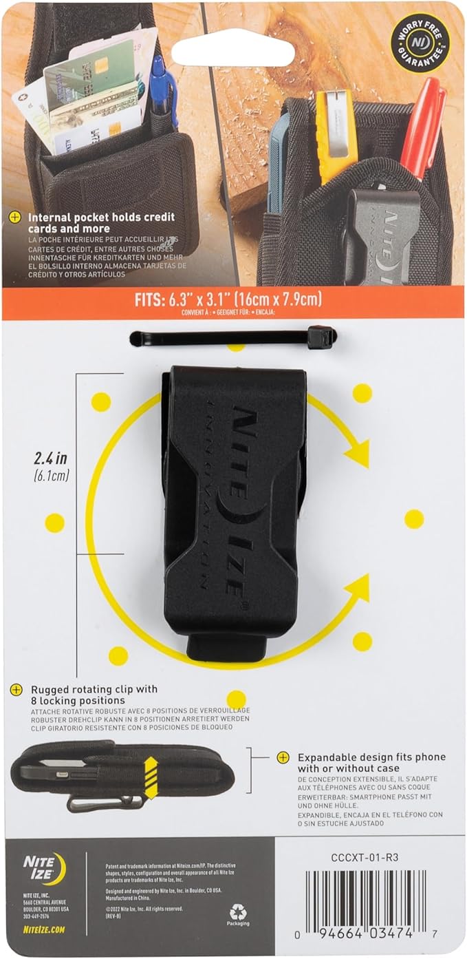 Nite Ize Clip Case Cargo Universal Rugged Holster - Cell Phone & Card Holster Pouch - Durable Phone Holder Clip for Belt - Utility Belt Pouch with Rotating Flex-Clip - XL, Vertical