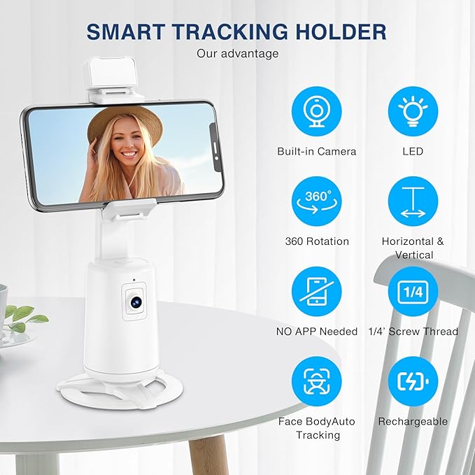 Auto Face Tracking Tripod 360° Rotating Cell Phone Photo and Video Kits Stand, No App, Camera Stand with Remote and Gesture Control, Rechargeable Smart Shooting Stand for Live Recording Tiktok (White)