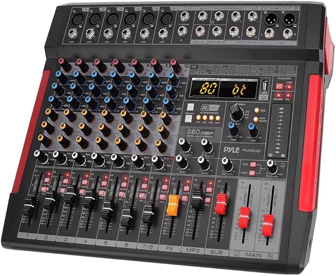 Pyle Professional DJ Audio Mixer Controller - 8Channel DJ Controller Sound Mixer w/ DSP 380 Preset Effects, Recording, USB, 6 XLR Mic/Line Input, AUX, FX Processor MP3 Player, Headphone Jack - PMX648