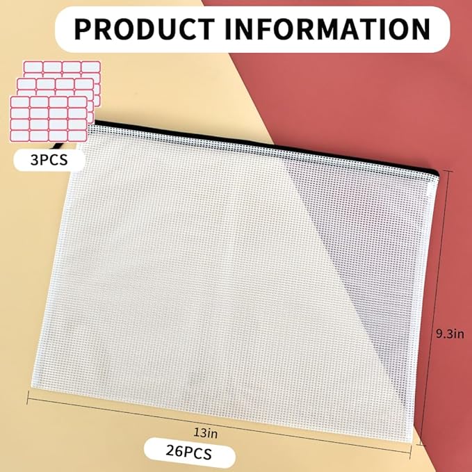 Vuzvuv 26pcs A4 Size 13"x 9.3" Mesh Zipper Pouch Zipper Bags,Document File Folders with Label Sticker,Waterproof Plastic Mesh Bag for File, Makeup, Board Game School Office Home Travel Storage